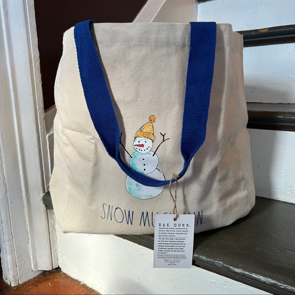 Rae Dunn Snowman Tote Bag with Blue Straps